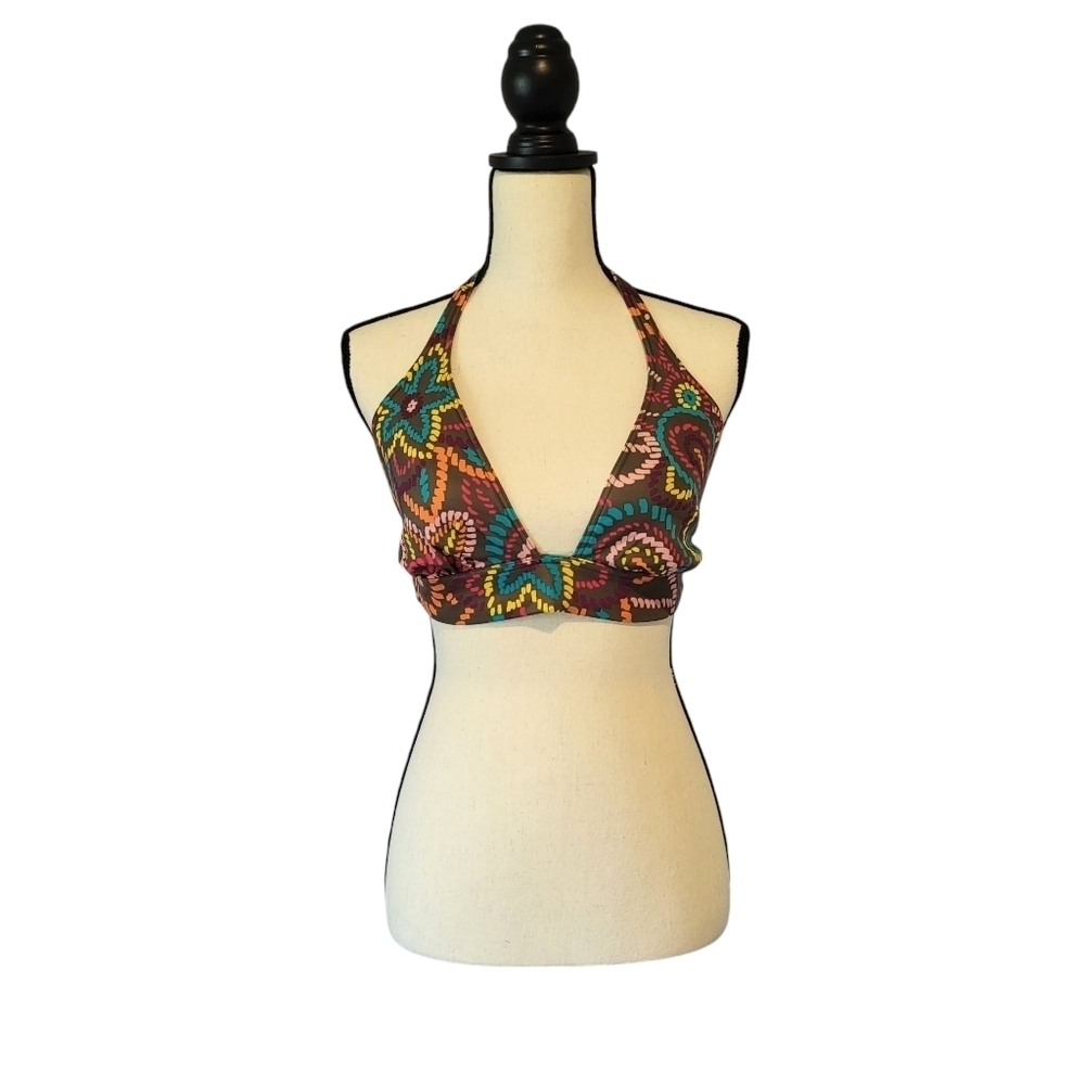 Victoria's Secret brown multicolor print halter style tie back swim top size XL